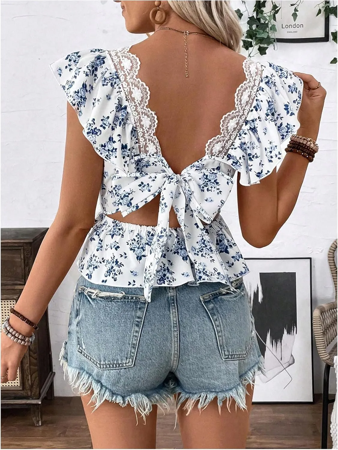 SweatyRocks Women's Floral Printed Lace Blouses Tie Back Ruffle Sleeve Square Neck Peplum Tops