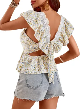 SweatyRocks Women's Floral Printed Lace Blouses Tie Back Ruffle Sleeve Square Neck Peplum Tops