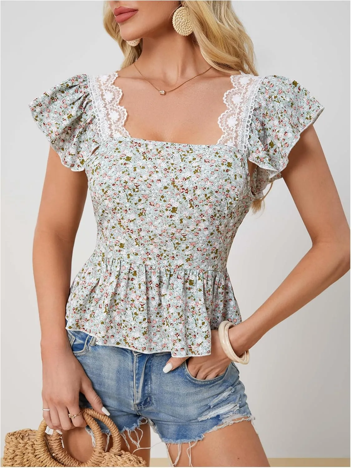 SweatyRocks Women's Floral Printed Lace Blouses Tie Back Ruffle Sleeve Square Neck Peplum Tops
