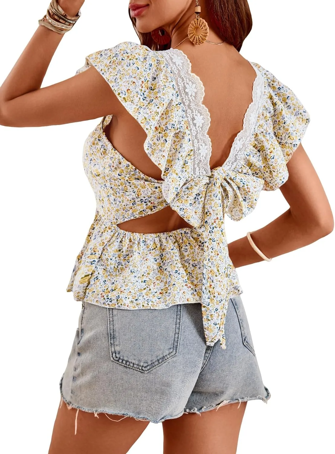 SweatyRocks Women's Floral Printed Lace Blouses Tie Back Ruffle Sleeve Square Neck Peplum Tops