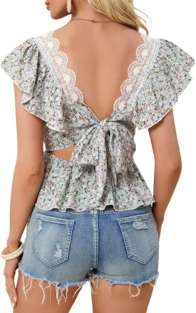 SweatyRocks Women's Floral Printed Lace Blouses Tie Back Ruffle Sleeve Square Neck Peplum Tops