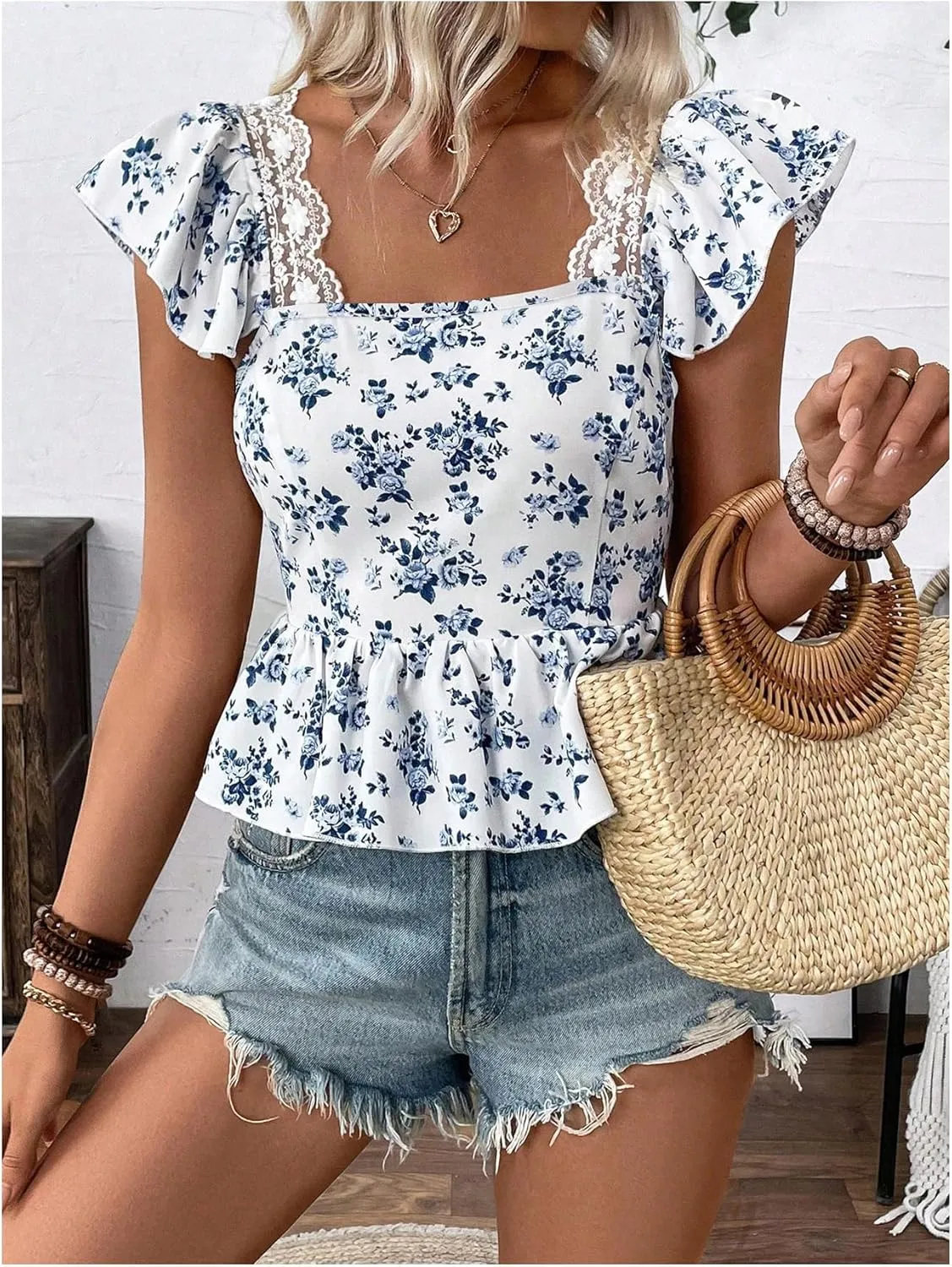 SweatyRocks Women's Floral Printed Lace Blouses Tie Back Ruffle Sleeve Square Neck Peplum Tops