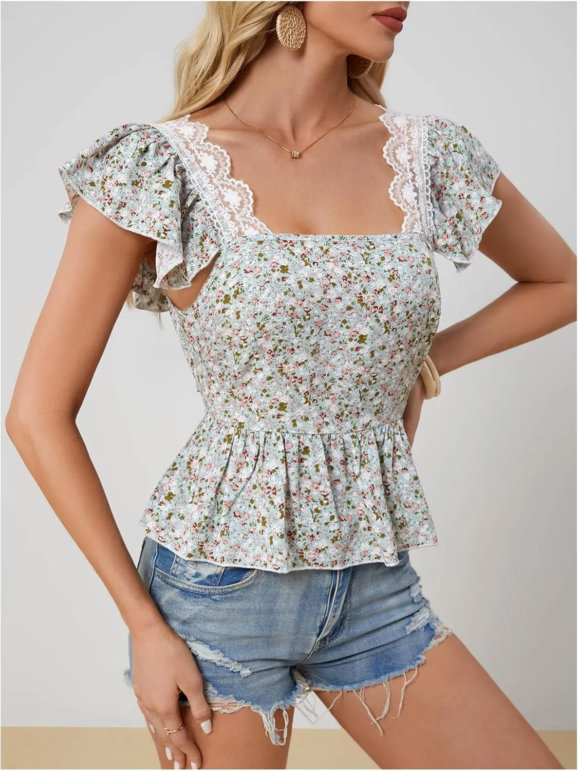 SweatyRocks Women's Floral Printed Lace Blouses Tie Back Ruffle Sleeve Square Neck Peplum Tops