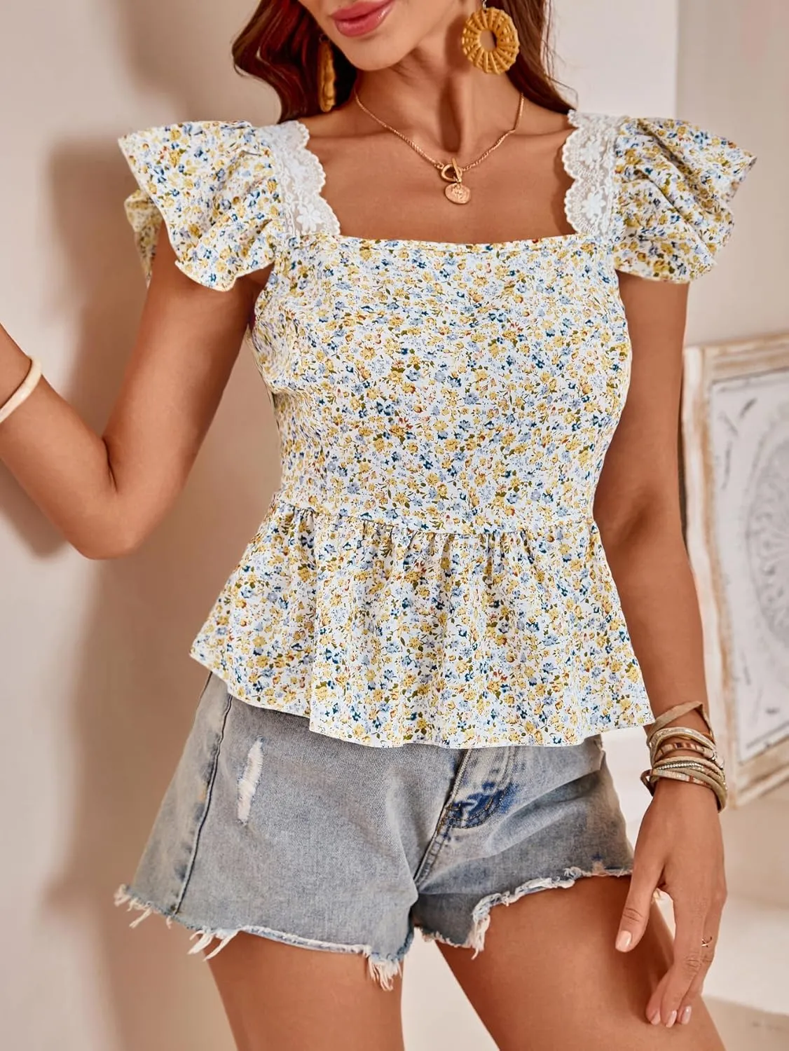 SweatyRocks Women's Floral Printed Lace Blouses Tie Back Ruffle Sleeve Square Neck Peplum Tops