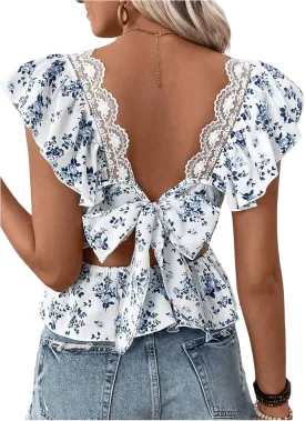SweatyRocks Women's Floral Printed Lace Blouses Tie Back Ruffle Sleeve Square Neck Peplum Tops