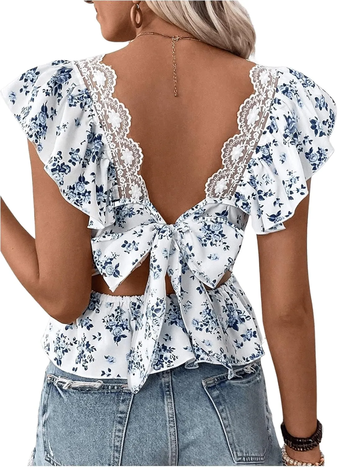 SweatyRocks Women's Floral Printed Lace Blouses Tie Back Ruffle Sleeve Square Neck Peplum Tops