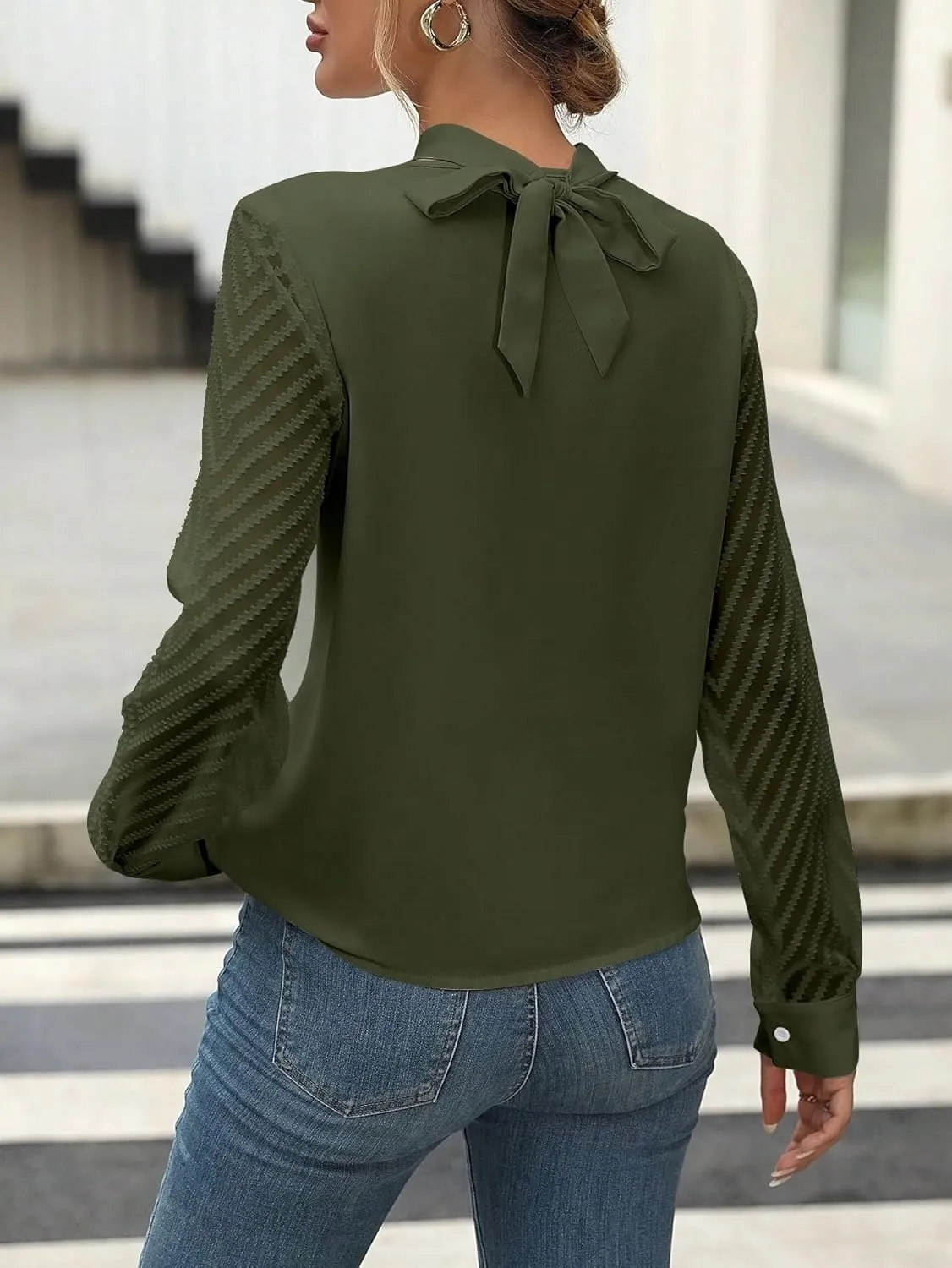 SweatyRocks Women's Mesh Long Sleeve Blouse Criss Cross Tie Neck Pullover Shirt Tops