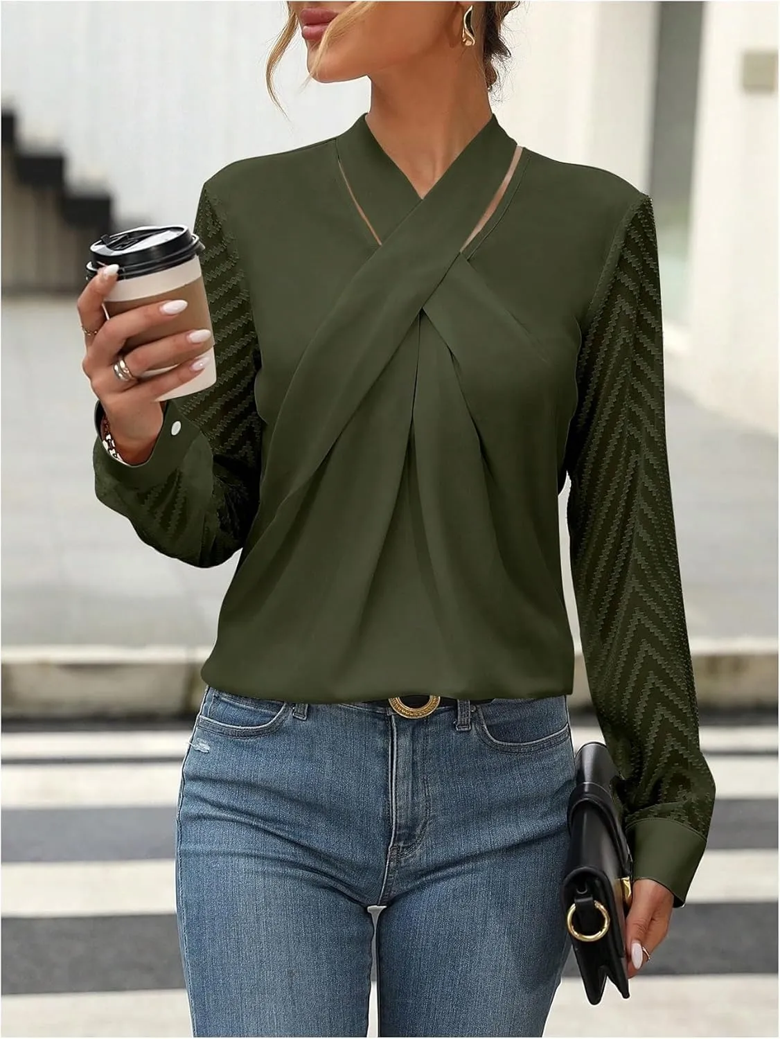 SweatyRocks Women's Mesh Long Sleeve Blouse Criss Cross Tie Neck Pullover Shirt Tops