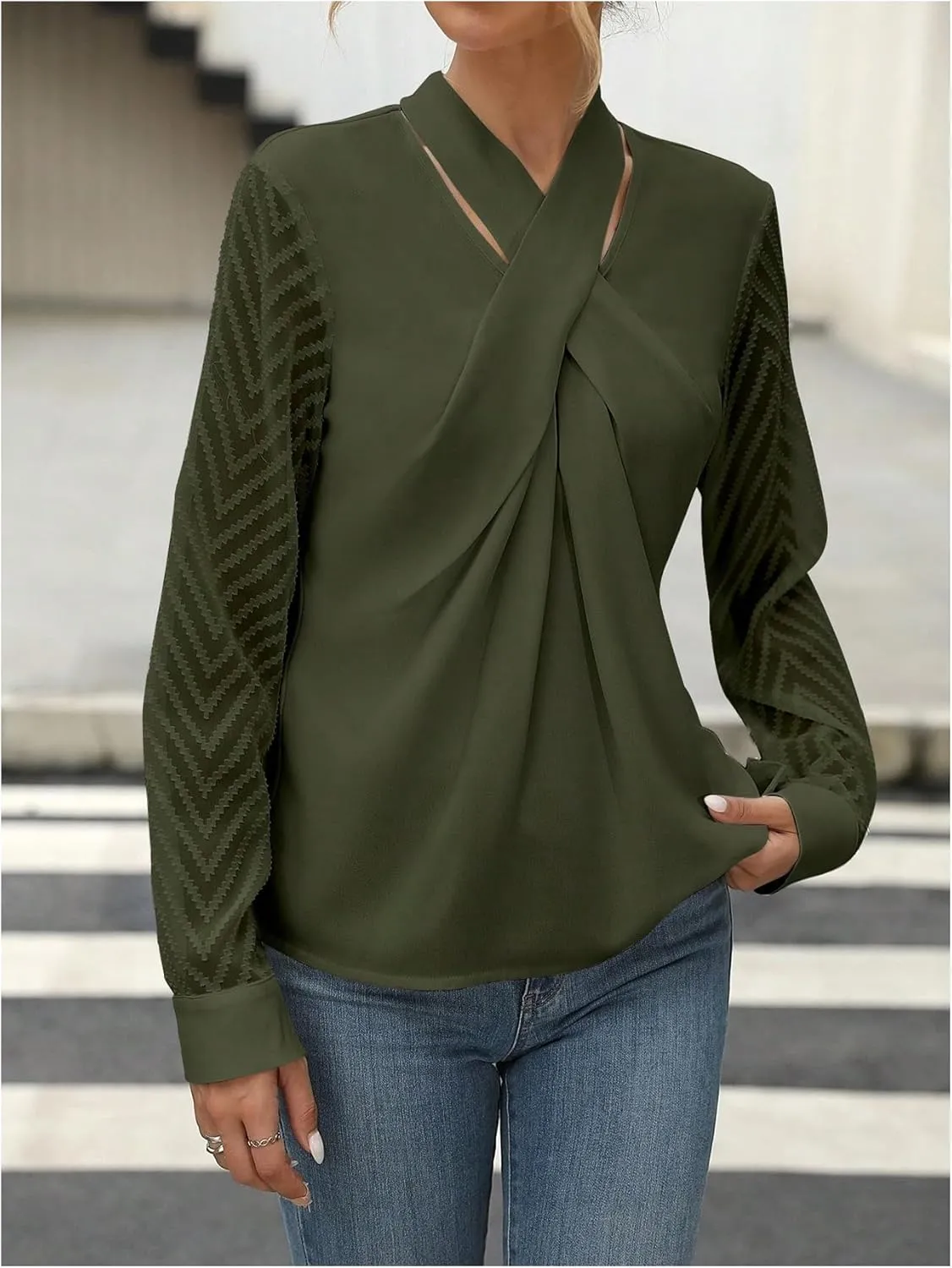 SweatyRocks Women's Mesh Long Sleeve Blouse Criss Cross Tie Neck Pullover Shirt Tops