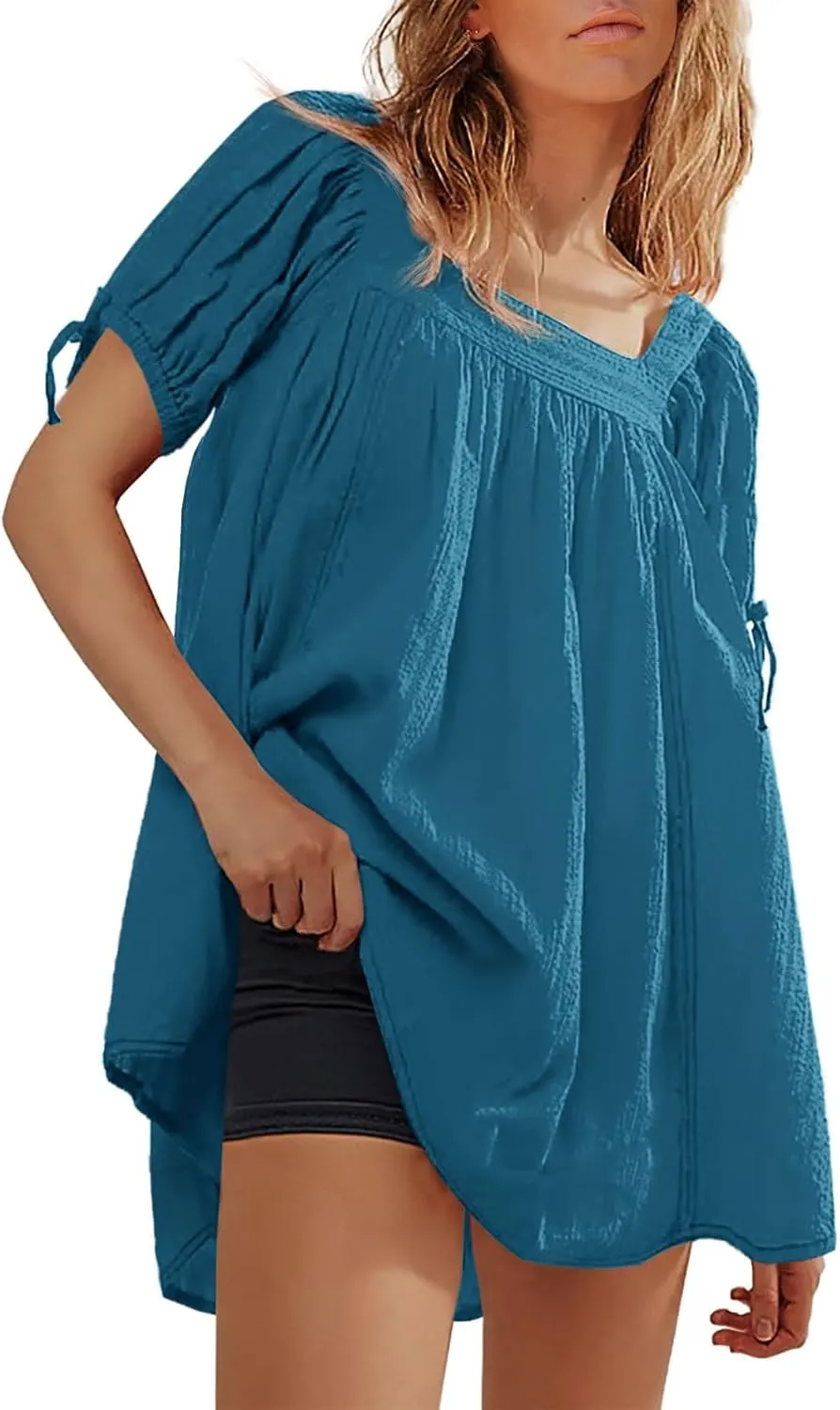 Tankaneo Womens Square Neck Babydoll Tops Summer Puff Short Sleeve Tunic Shirts Casual Loose Fit Blouse