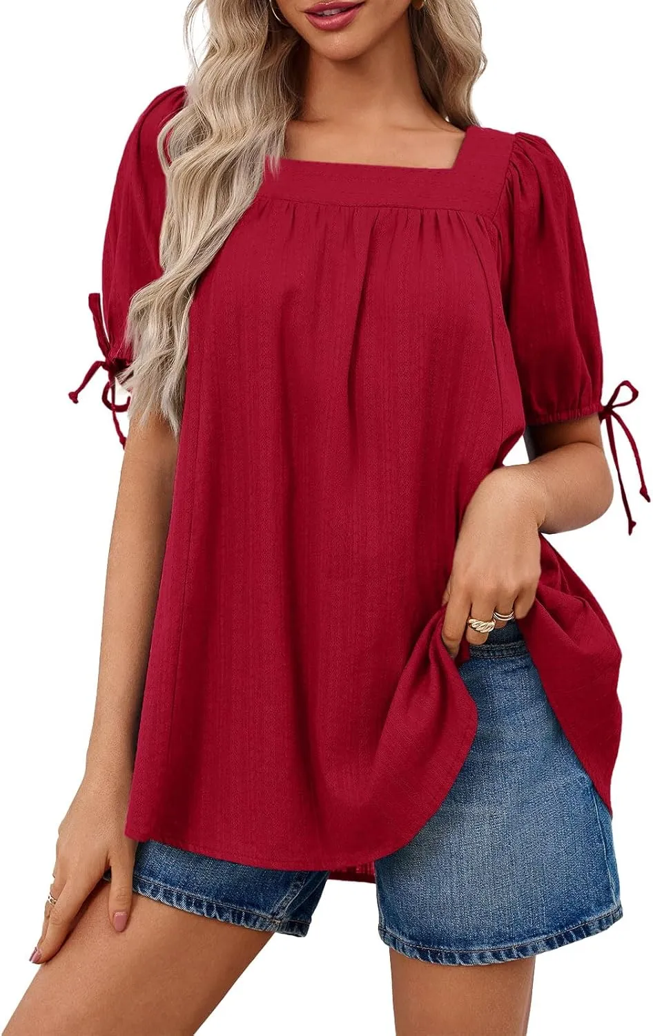 Tankaneo Womens Square Neck Babydoll Tops Summer Puff Short Sleeve Tunic Shirts Casual Loose Fit Blouse