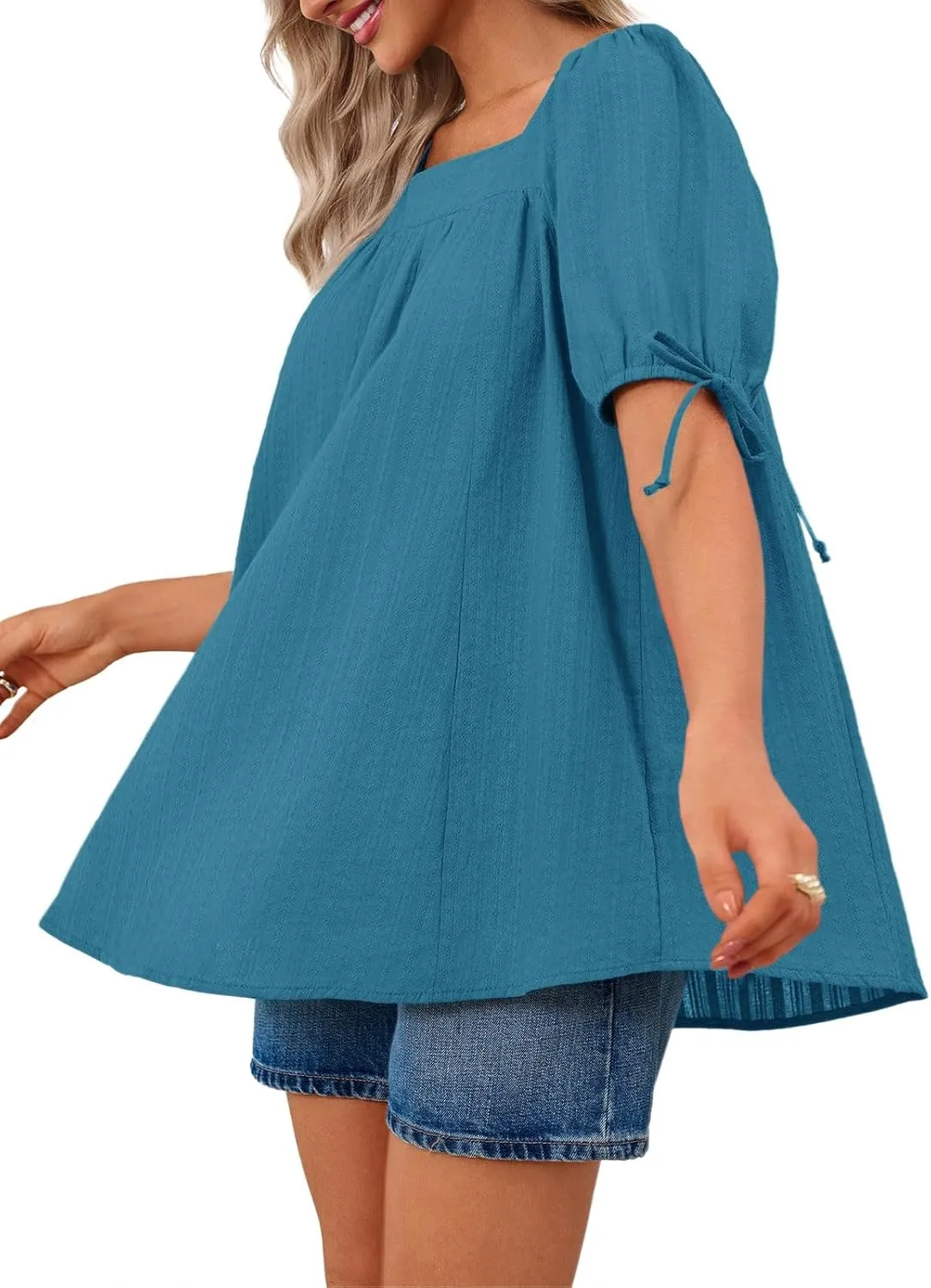 Tankaneo Womens Square Neck Babydoll Tops Summer Puff Short Sleeve Tunic Shirts Casual Loose Fit Blouse