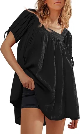 Tankaneo Womens Square Neck Babydoll Tops Summer Puff Short Sleeve Tunic Shirts Casual Loose Fit Blouse
