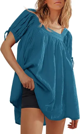 Tankaneo Womens Square Neck Babydoll Tops Summer Puff Short Sleeve Tunic Shirts Casual Loose Fit Blouse