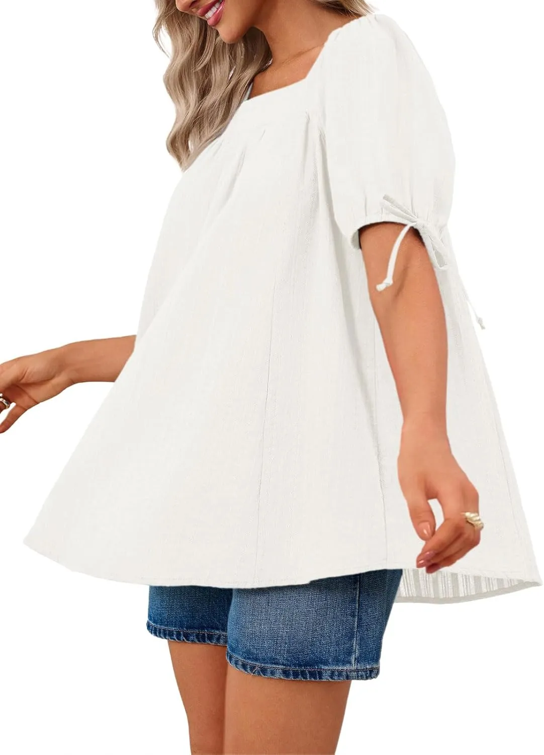 Tankaneo Womens Square Neck Babydoll Tops Summer Puff Short Sleeve Tunic Shirts Casual Loose Fit Blouse