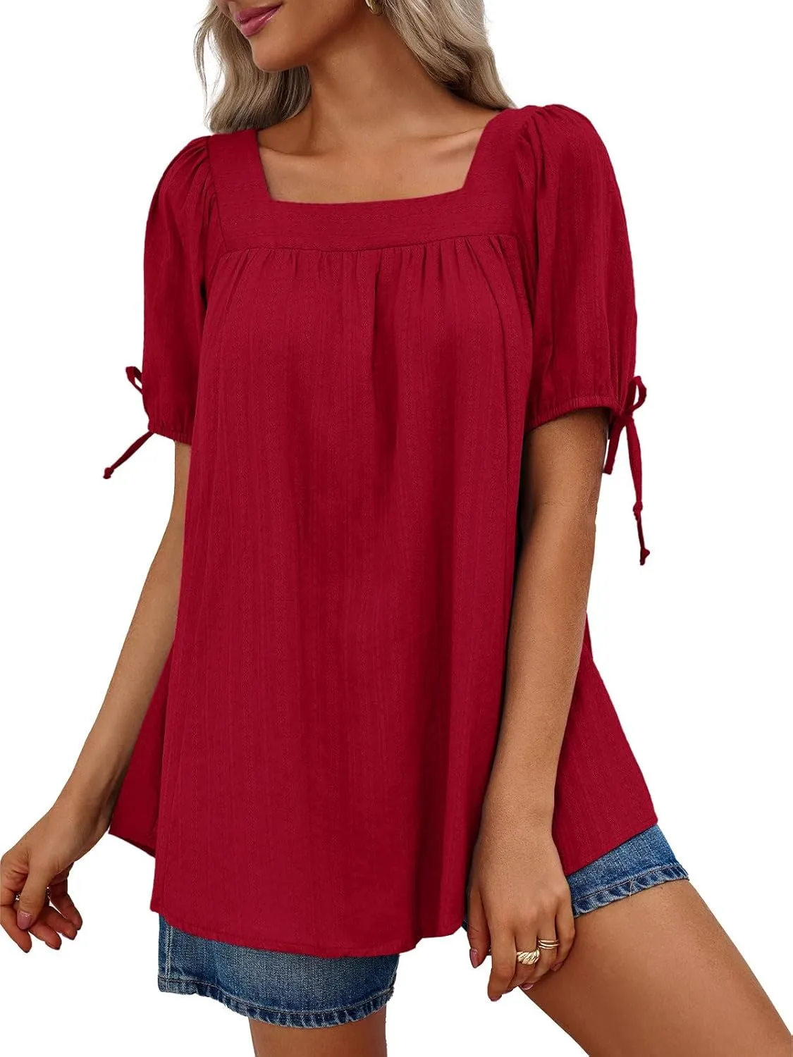 Tankaneo Womens Square Neck Babydoll Tops Summer Puff Short Sleeve Tunic Shirts Casual Loose Fit Blouse