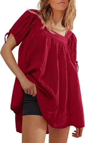 Tankaneo Womens Square Neck Babydoll Tops Summer Puff Short Sleeve Tunic Shirts Casual Loose Fit Blouse