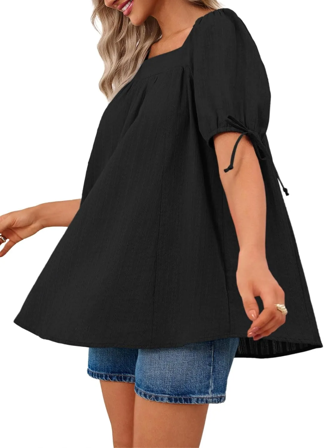 Tankaneo Womens Square Neck Babydoll Tops Summer Puff Short Sleeve Tunic Shirts Casual Loose Fit Blouse