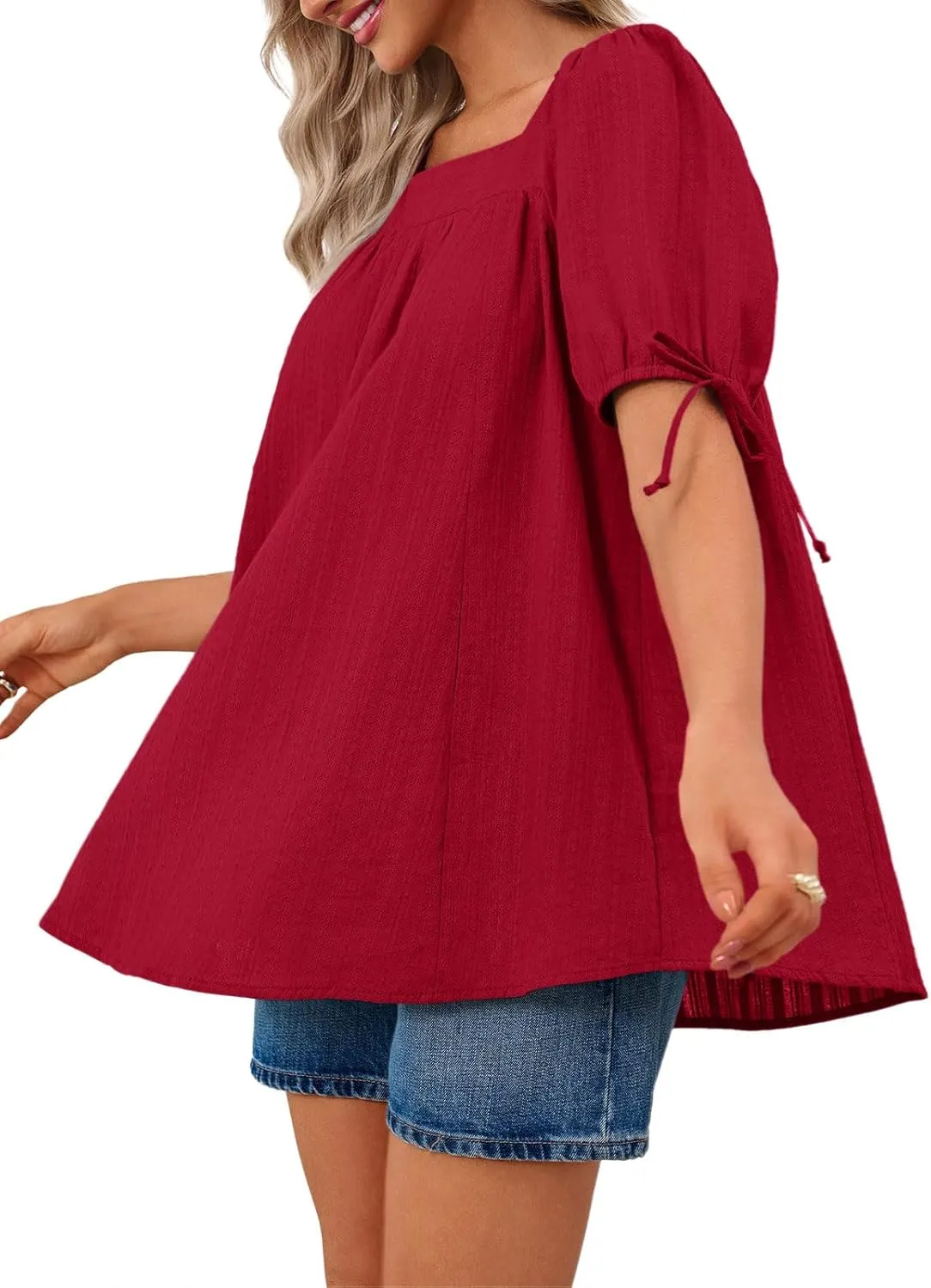 Tankaneo Womens Square Neck Babydoll Tops Summer Puff Short Sleeve Tunic Shirts Casual Loose Fit Blouse