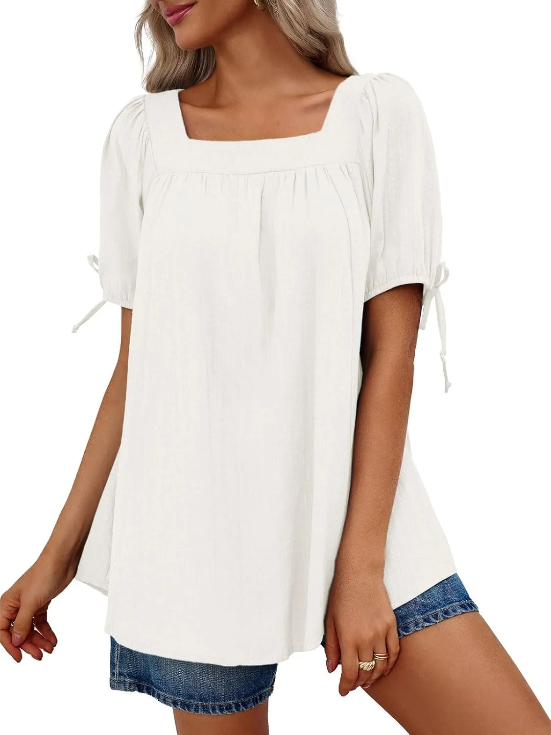 Tankaneo Womens Square Neck Babydoll Tops Summer Puff Short Sleeve Tunic Shirts Casual Loose Fit Blouse