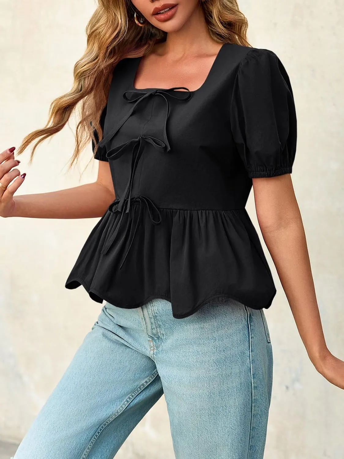 Tankaneo Womens Summer Peplum Babydoll Tops Square Neck Short Puff Sleeve Blouses Ruffle Cute Bow Shirts