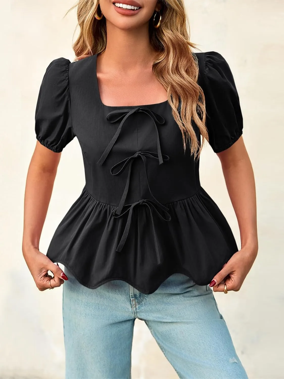 Tankaneo Womens Summer Peplum Babydoll Tops Square Neck Short Puff Sleeve Blouses Ruffle Cute Bow Shirts