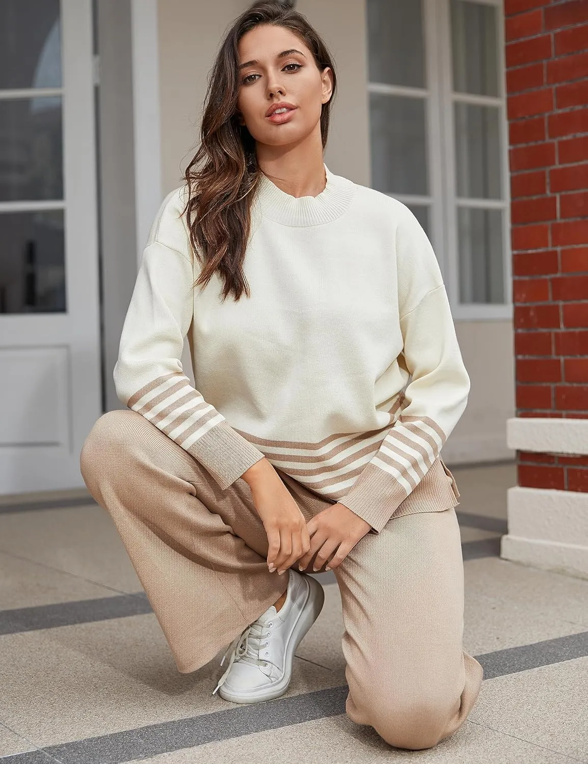 Tanming Women's Lounge Sets 2 Piece Outfits Knitted Pullover Sweater Tops Wide Leg Pants Tracksuit