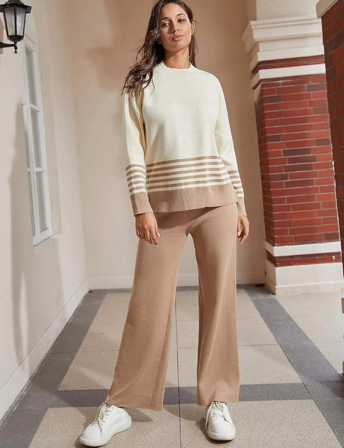 Tanming Women's Lounge Sets 2 Piece Outfits Knitted Pullover Sweater Tops Wide Leg Pants Tracksuit