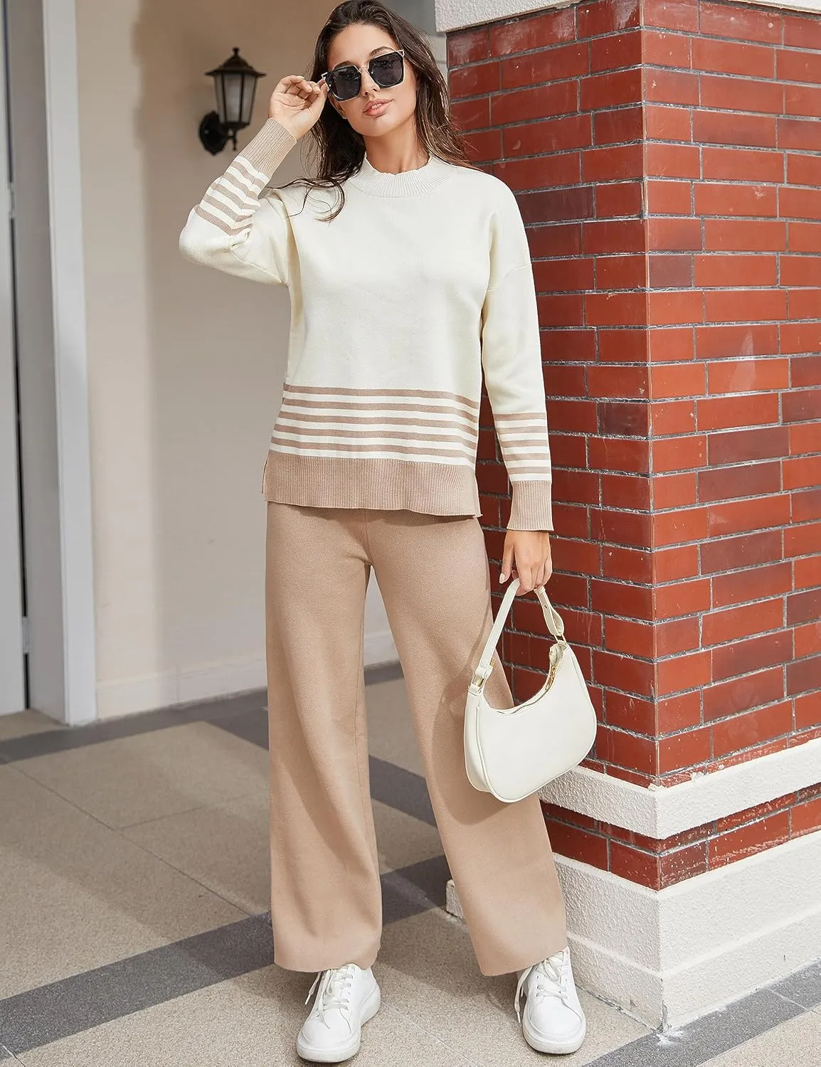 Tanming Women's Lounge Sets 2 Piece Outfits Knitted Pullover Sweater Tops Wide Leg Pants Tracksuit
