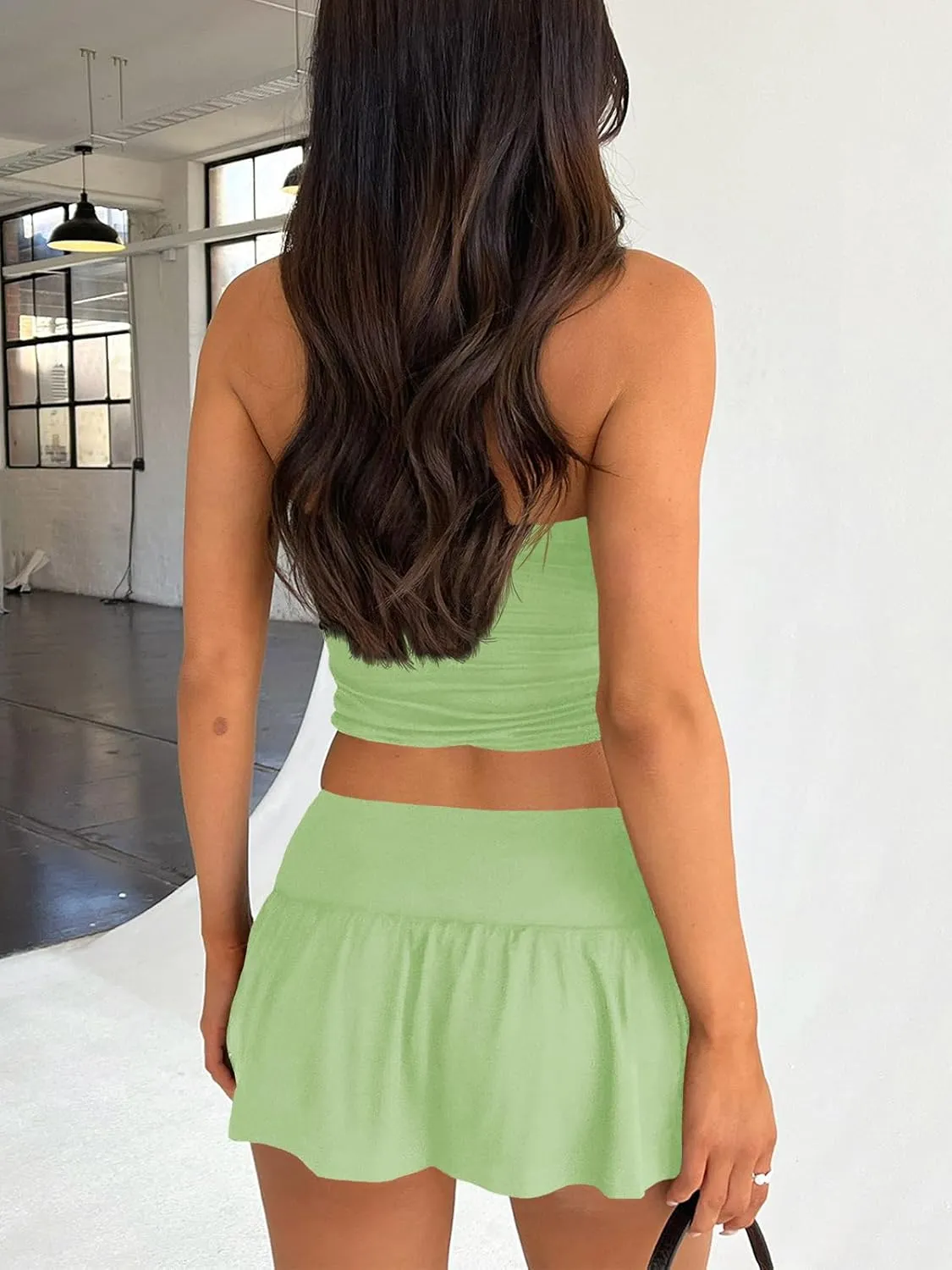 Tongmingyun Womens Summer 2 Piece Outfits Y2k Crop Tube Tops and Pleated Mini Skirts Beach Sets