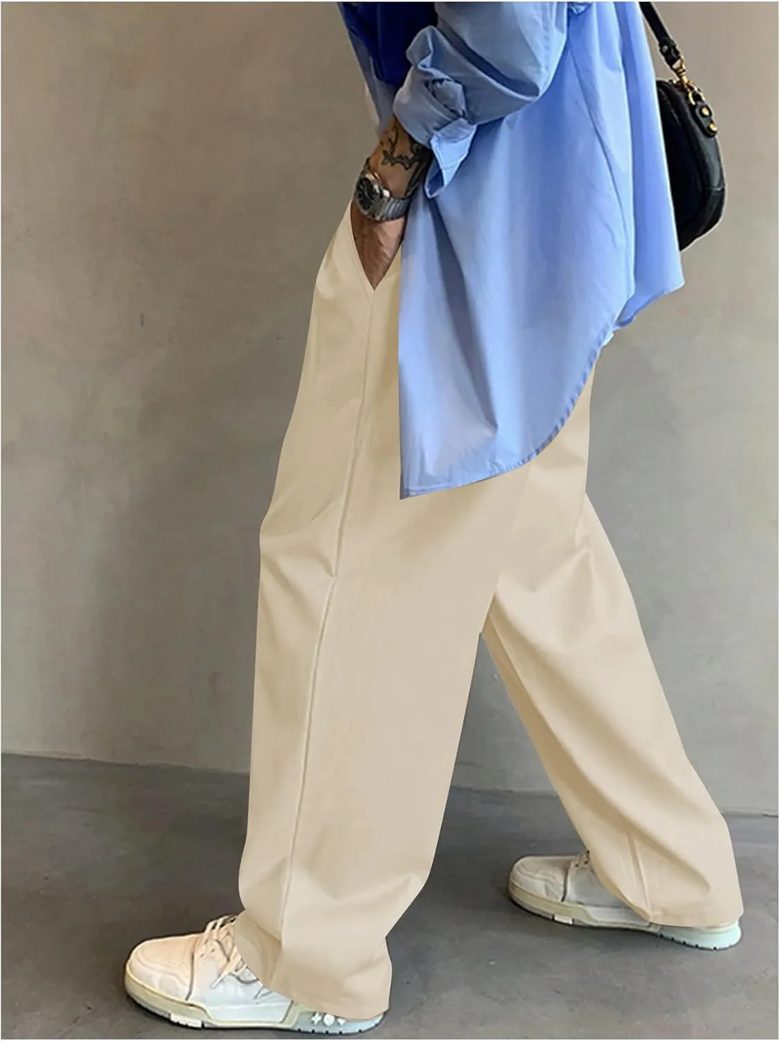 Verdusa Men's Casual Loose Wide Leg Pants Lightweight Trousers with Slant Pockets