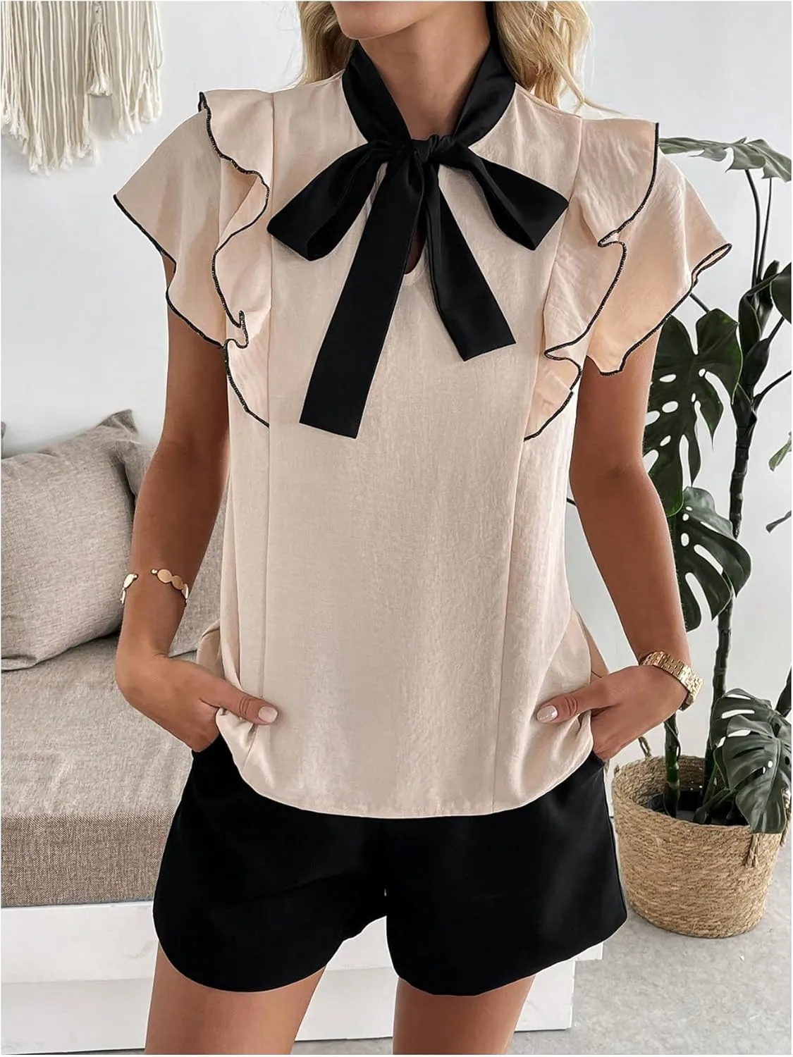 Verdusa Women's Bow Tie Neck Blouse Coquette Layered Ruffle Cap Sleeve Shirts Tops