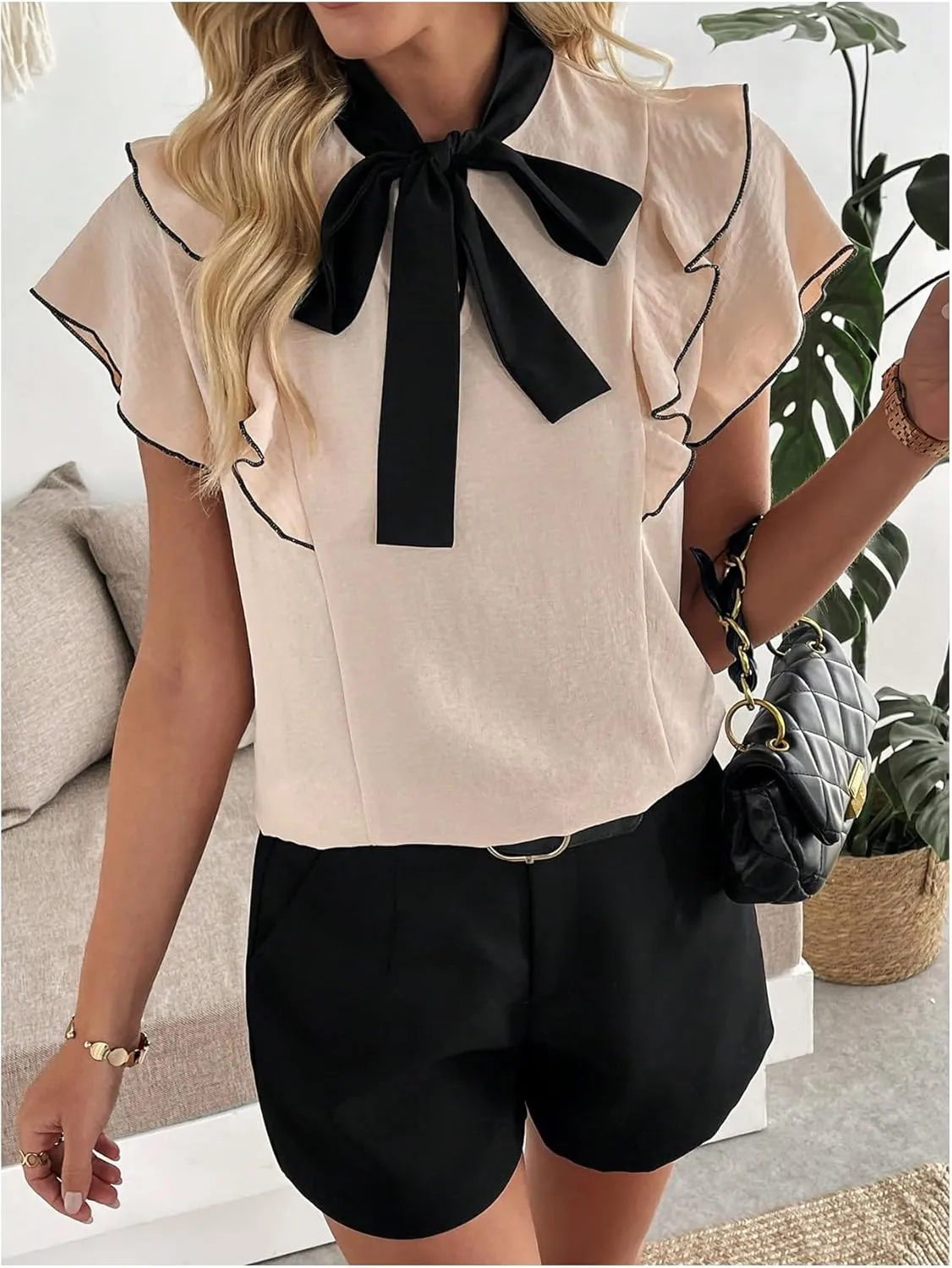 Verdusa Women's Bow Tie Neck Blouse Coquette Layered Ruffle Cap Sleeve Shirts Tops