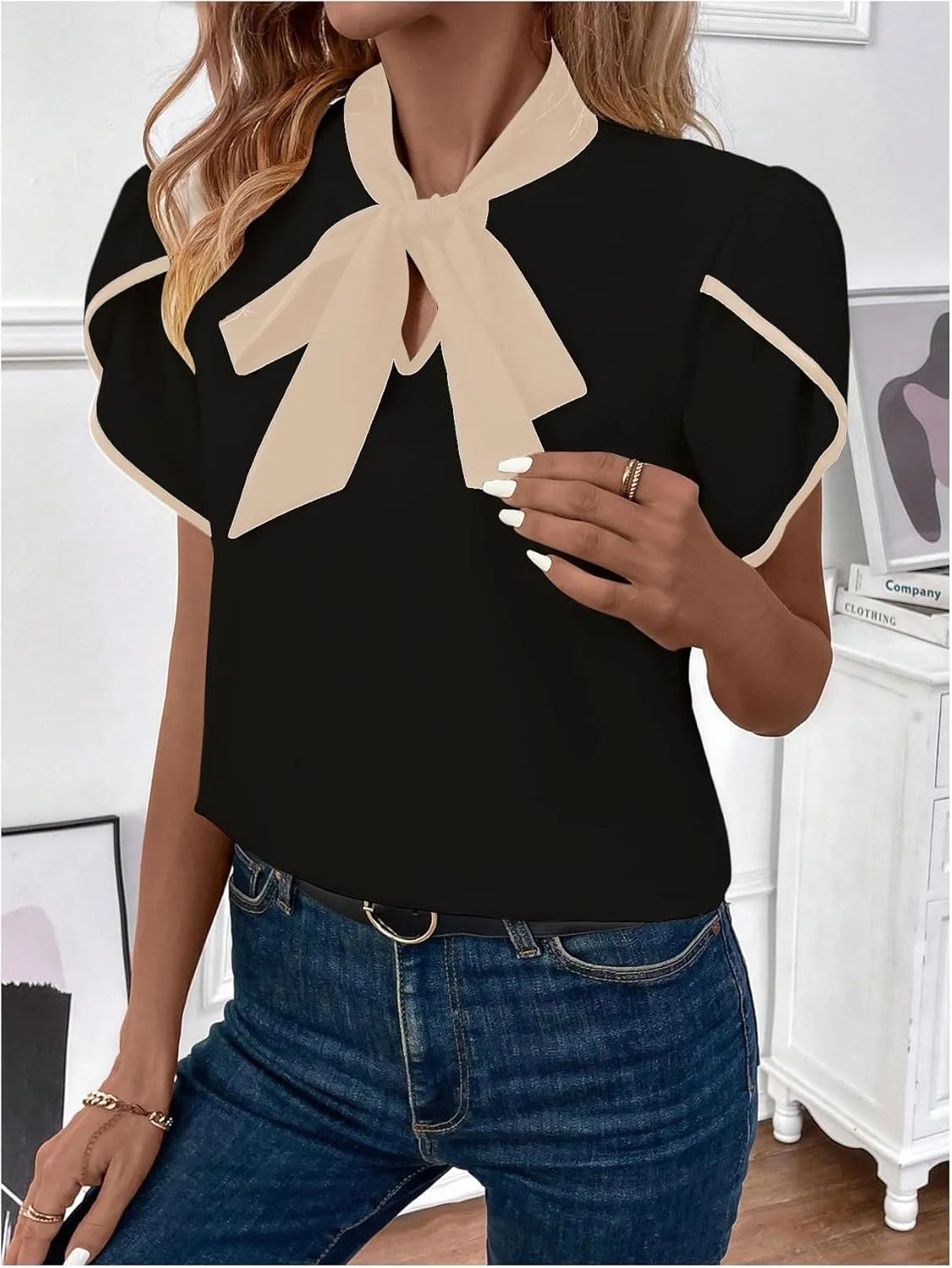 Verdusa Women's Contrast Binding Tie Neck Petal Sleeve Work Blouse Top