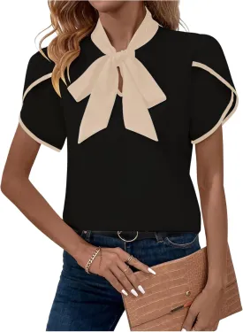 Verdusa Women's Contrast Binding Tie Neck Petal Sleeve Work Blouse Top