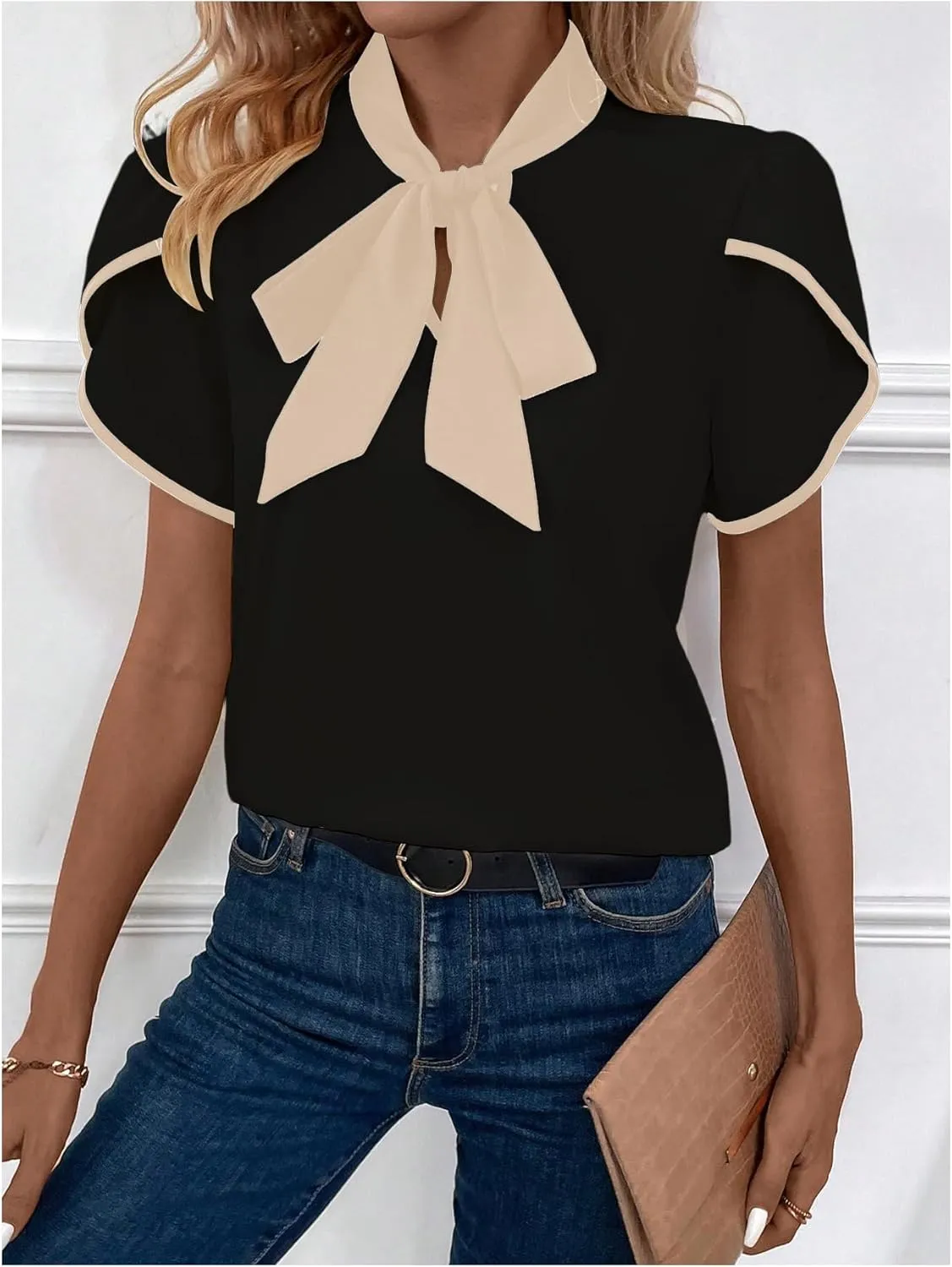 Verdusa Women's Contrast Binding Tie Neck Petal Sleeve Work Blouse Top