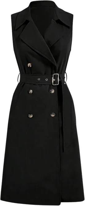 Verdusa Women's Double Breasted Trench Coats Lapel Collar Sleeveless Belted Vest Jacket
