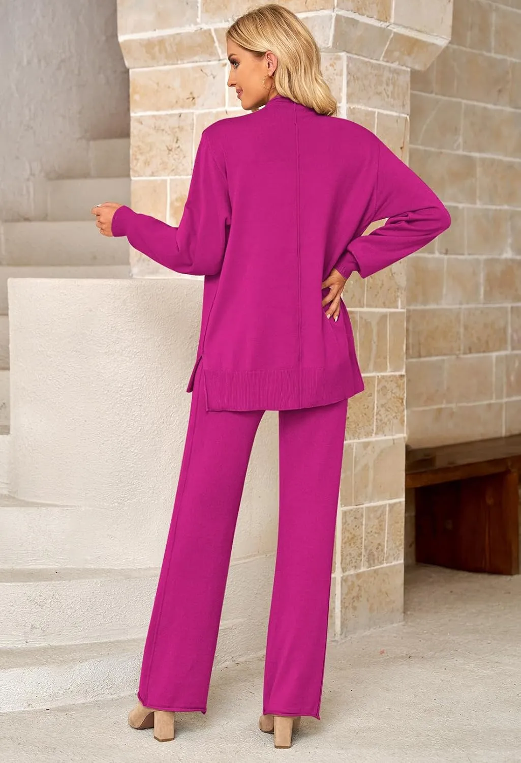 Viottiset Women's 2 Piece Outfits Sweater Set Wide Leg Pants High Neck Sweatsuit Loungewear