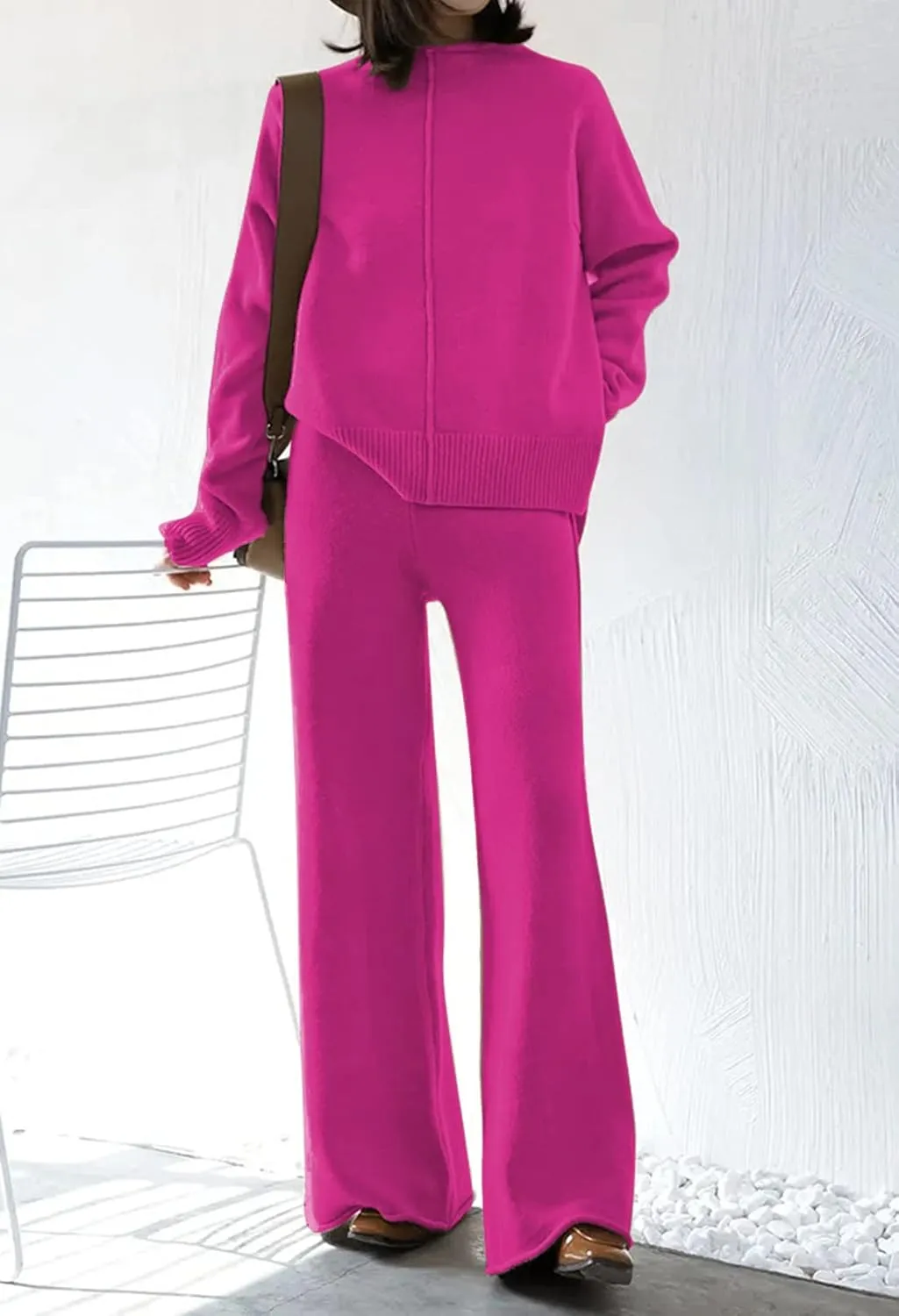 Viottiset Women's 2 Piece Outfits Sweater Set Wide Leg Pants High Neck Sweatsuit Loungewear
