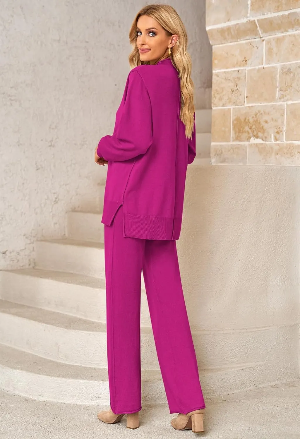 Viottiset Women's 2 Piece Outfits Sweater Set Wide Leg Pants High Neck Sweatsuit Loungewear