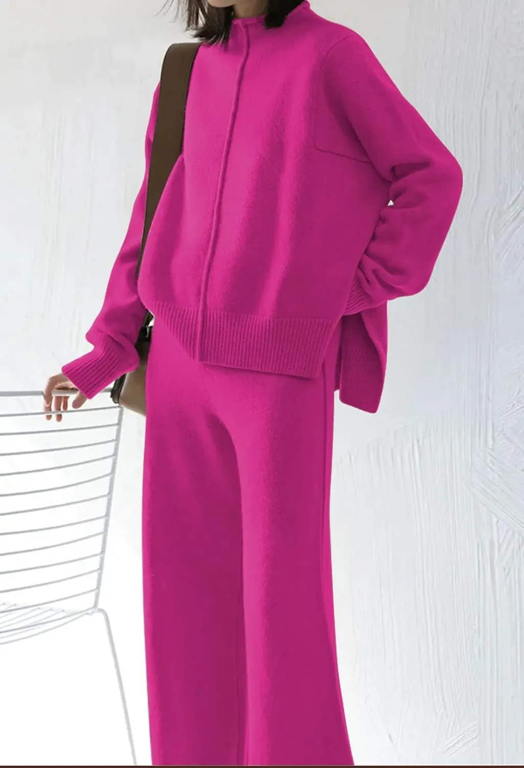 Viottiset Women's 2 Piece Outfits Sweater Set Wide Leg Pants High Neck Sweatsuit Loungewear