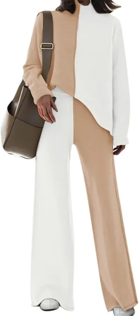 Viottiset Women's 2 Piece Outfits Sweater Set Wide Leg Pants High Neck Sweatsuit Loungewear