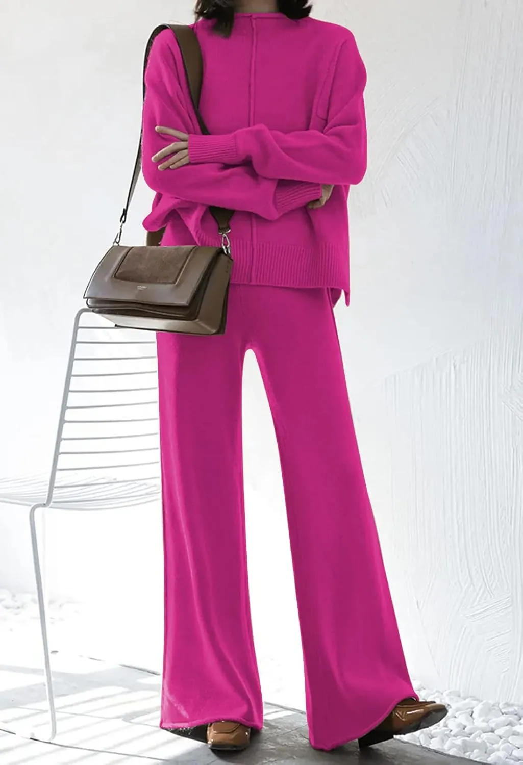 Viottiset Women's 2 Piece Outfits Sweater Set Wide Leg Pants High Neck Sweatsuit Loungewear