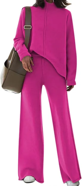 Viottiset Women's 2 Piece Outfits Sweater Set Wide Leg Pants High Neck Sweatsuit Loungewear
