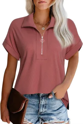 Vivilli Women's Short Sleeve Tops and Blouses Zipper Collar V Neck Business Casual Tops Loose Fit Tunic Shirt Polo Shirts