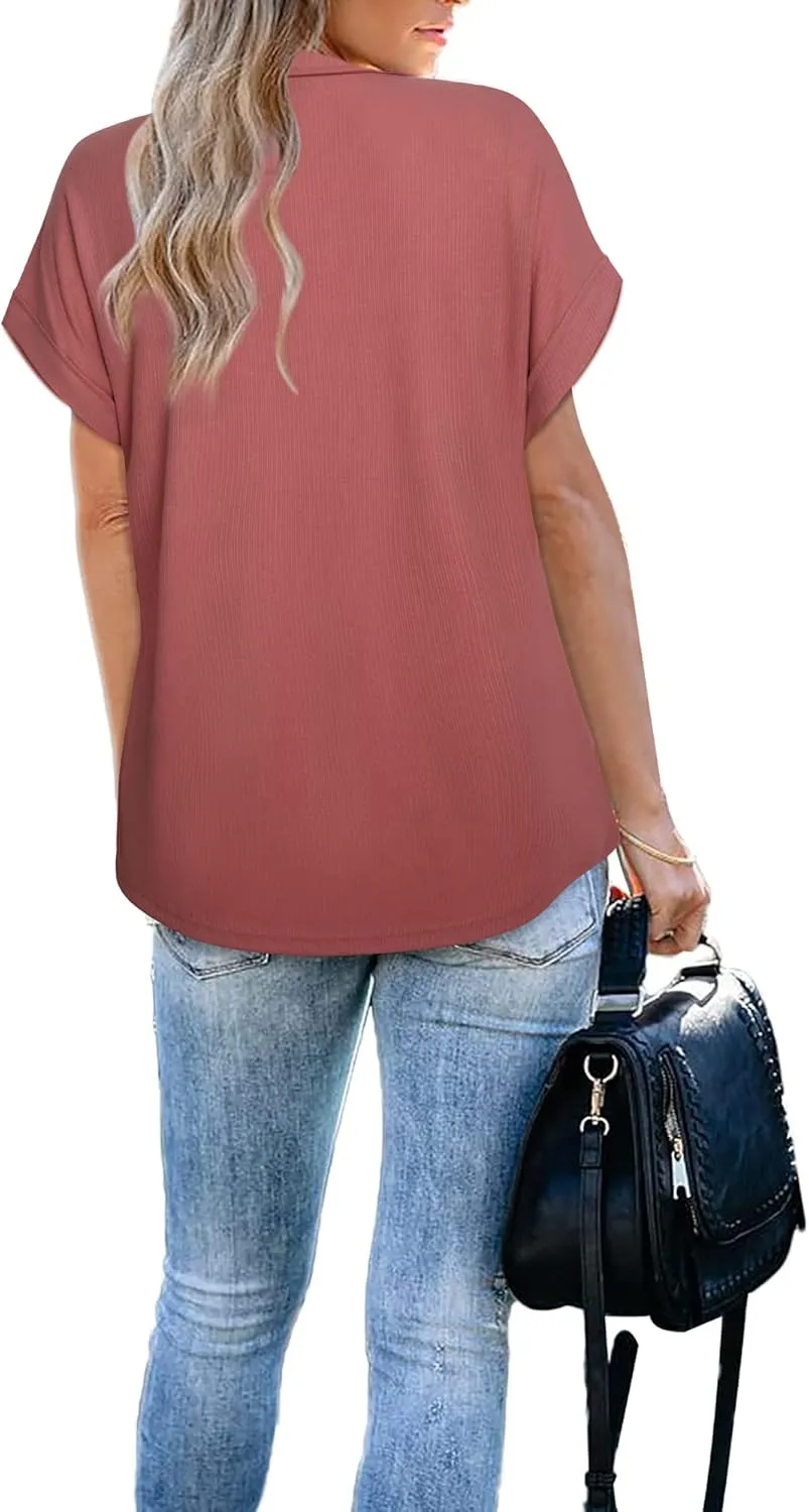 Vivilli Women's Short Sleeve Tops and Blouses Zipper Collar V Neck Business Casual Tops Loose Fit Tunic Shirt Polo Shirts