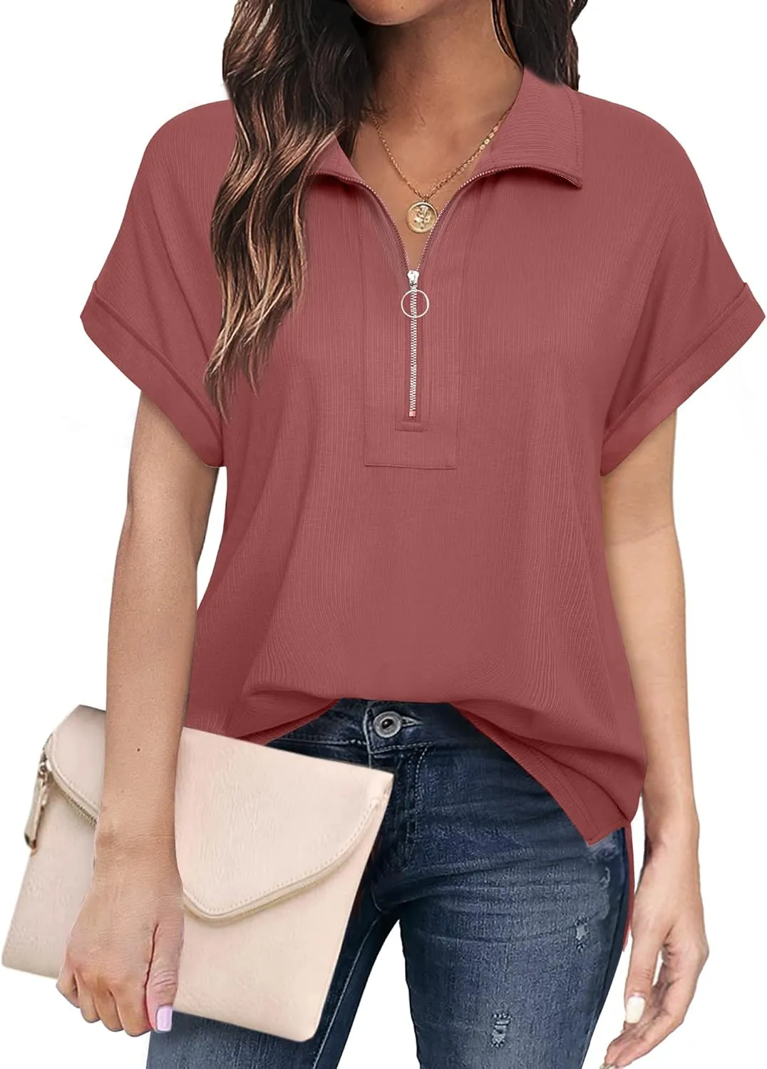 Vivilli Women's Short Sleeve Tops and Blouses Zipper Collar V Neck Business Casual Tops Loose Fit Tunic Shirt Polo Shirts