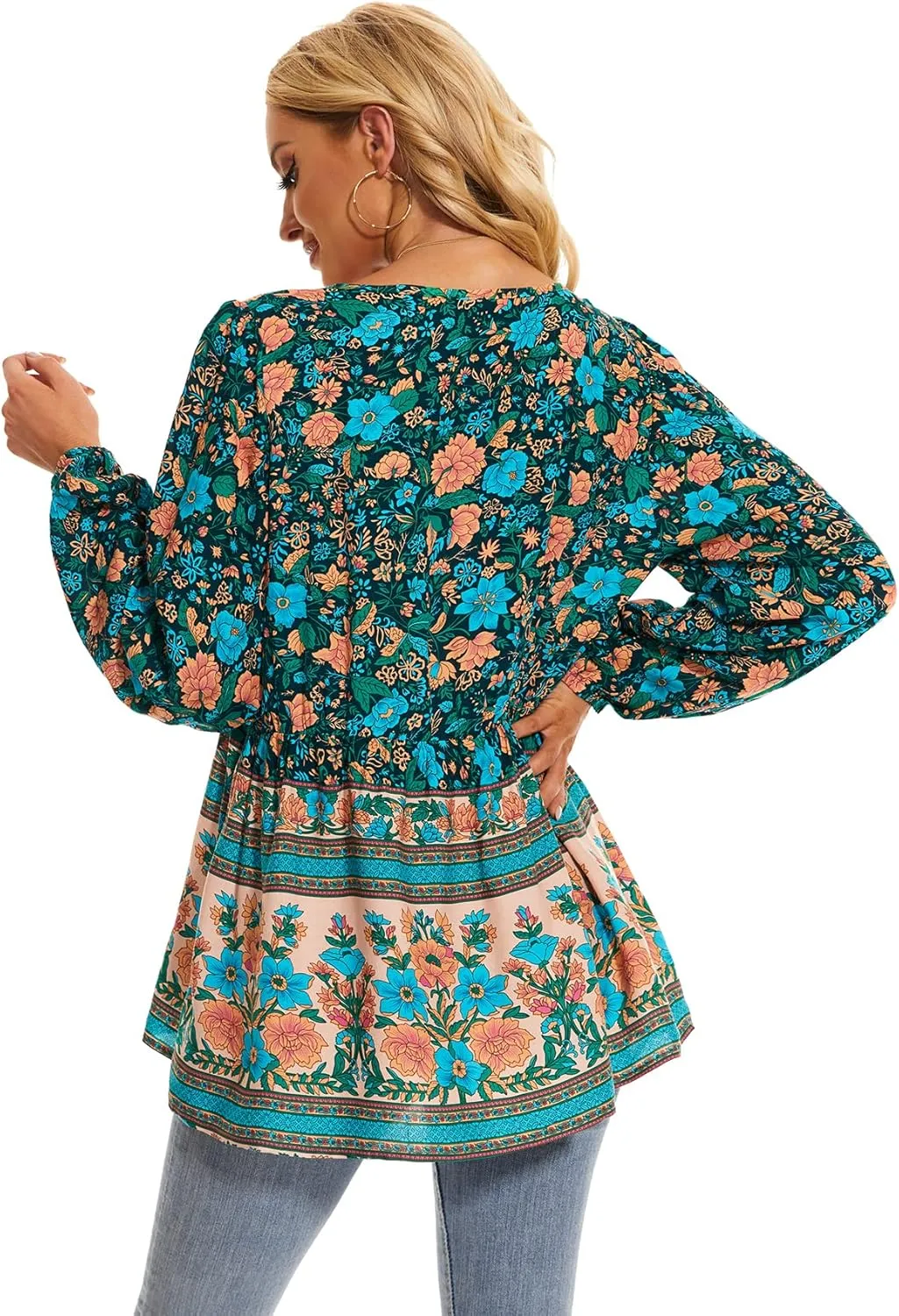Vogebund Women's Floral Boho Tunic Tops Casual Long Sleeve Loose Beach Blouses Self-Tie V Neck T Shirts