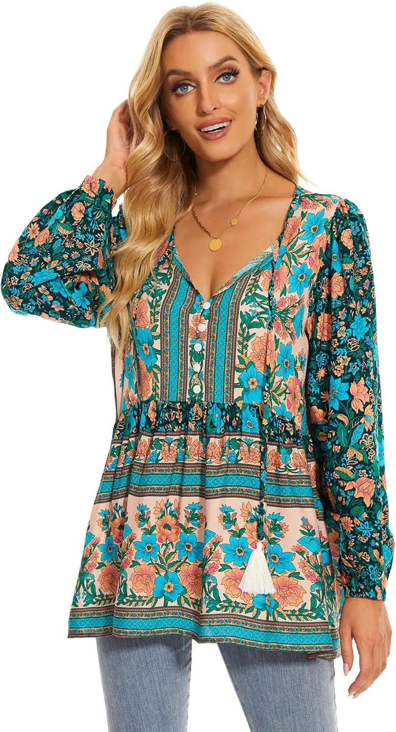 Vogebund Women's Floral Boho Tunic Tops Casual Long Sleeve Loose Beach Blouses Self-Tie V Neck T Shirts