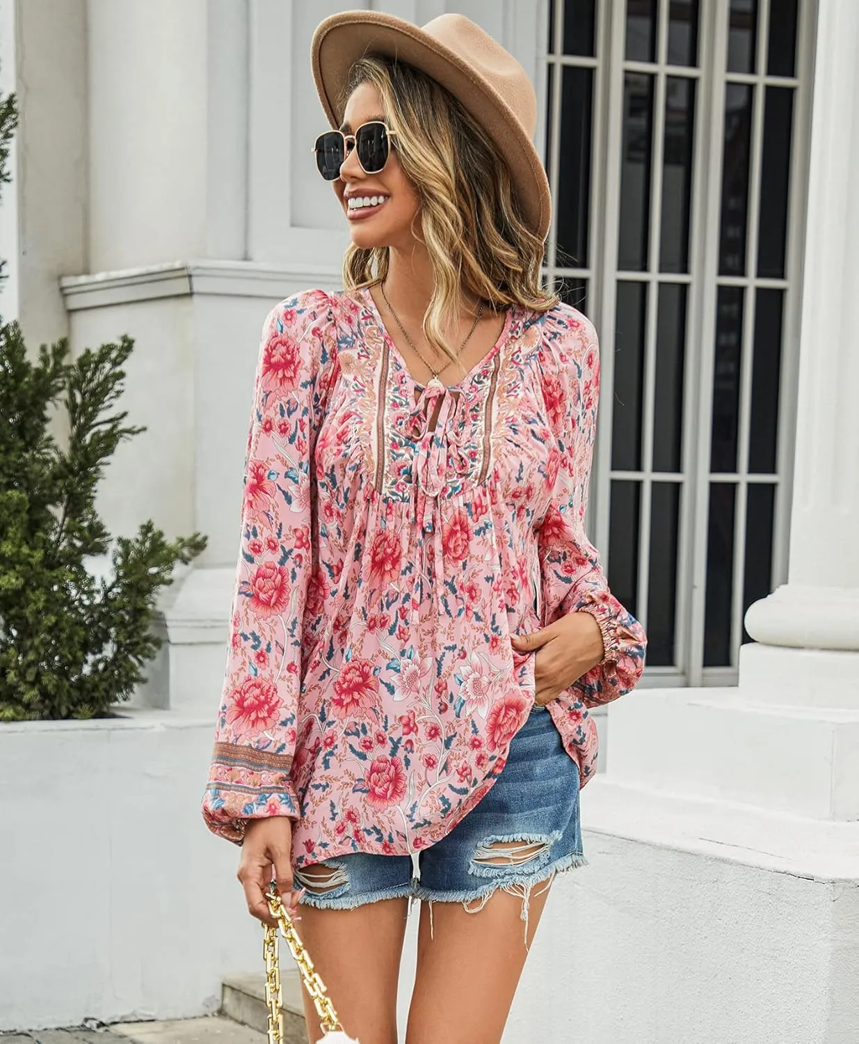 Vogebund Women's Floral Boho Tunic Tops Casual Long Sleeve Loose Beach Blouses Self-Tie V Neck T Shirts